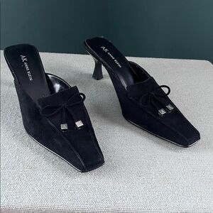 Anne Klein Black Suede Pointed Toe Mule Heels